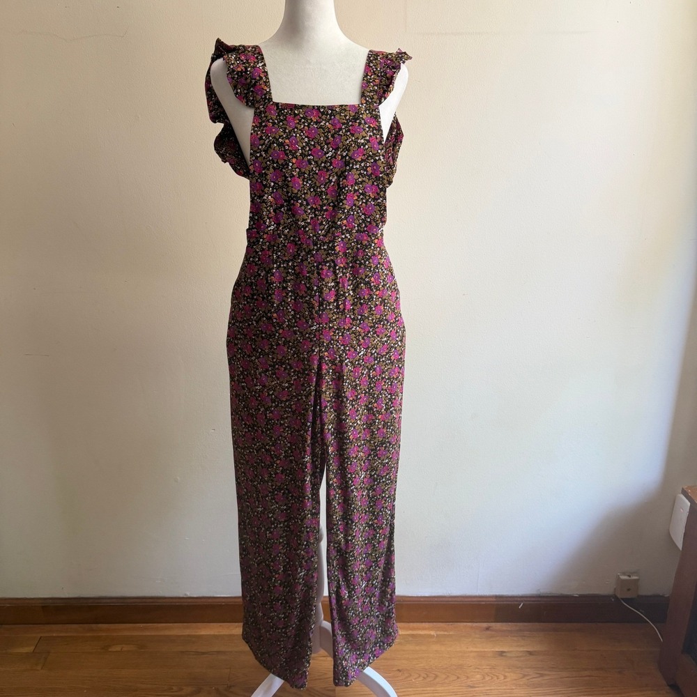 Sézane Women's Floral‎ Print Jumpsuit Ruffle Strap Wide Leg Black Pink 2